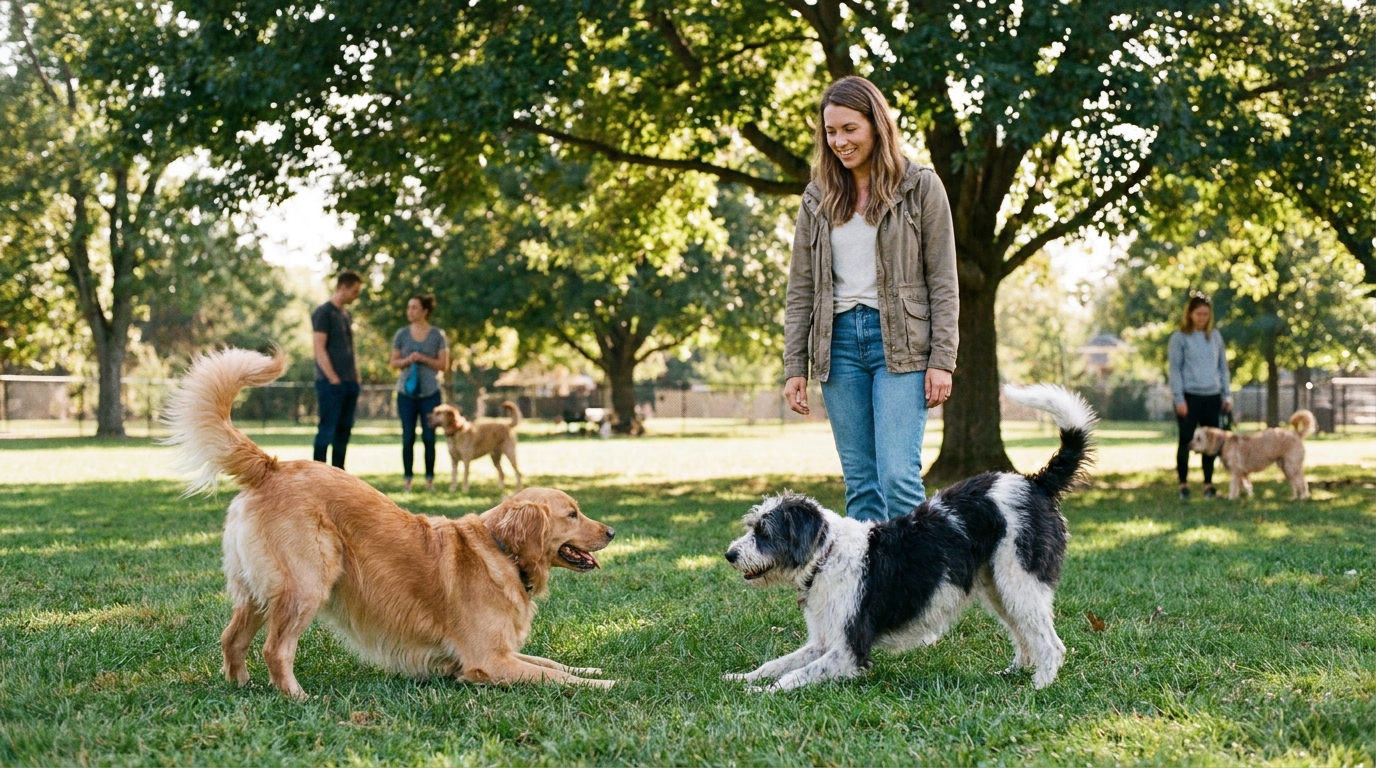 Attentive owner watching dogs demonstrate healthy play at a dog park