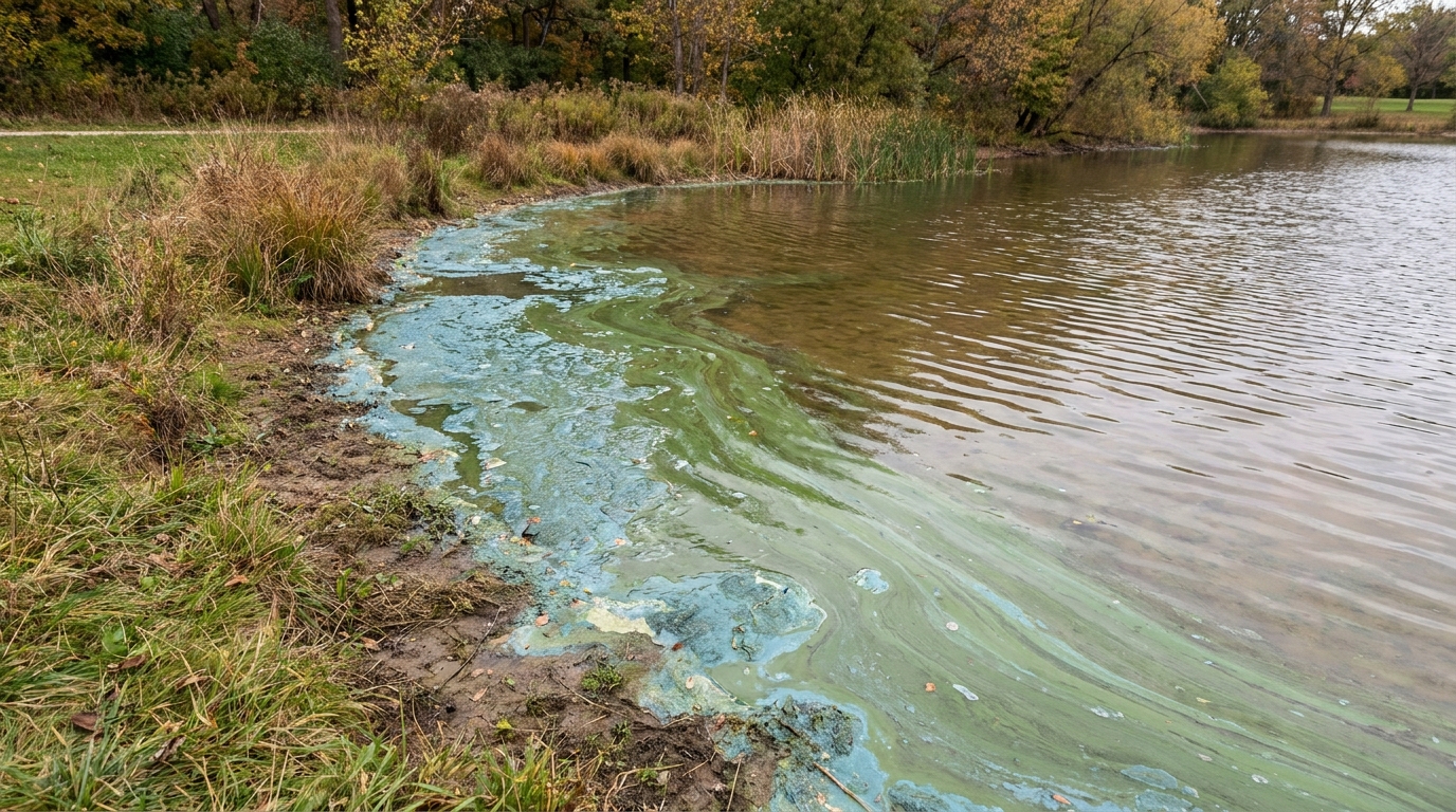 Blue-green algae bloom collecting along the shoreline of a park pond