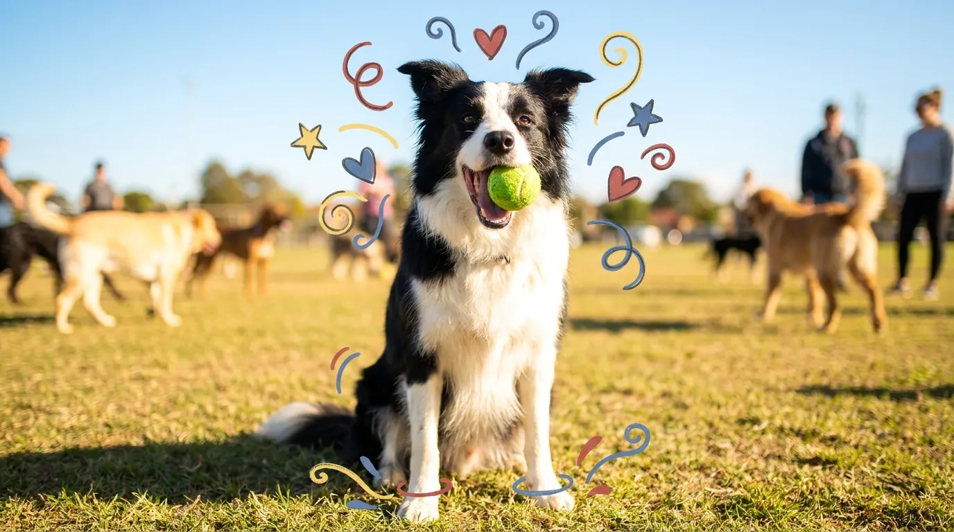 Border Collie holding a tennis ball at a dog park.