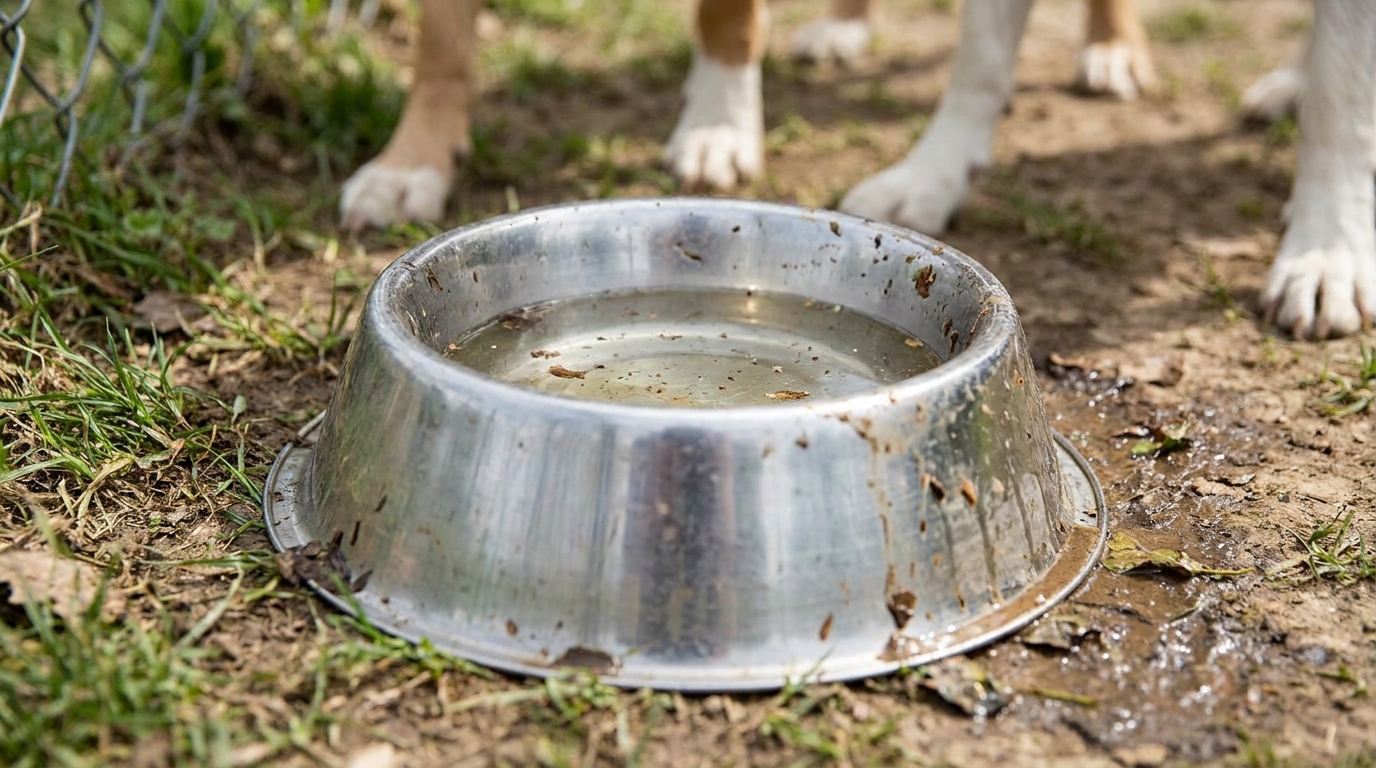 Communal water bowl used by multiple dogs at a public dog park