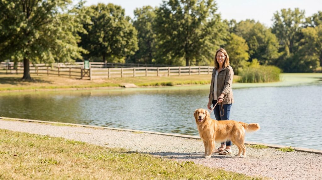Dog and owner staying away from blue-green algae near dog park water