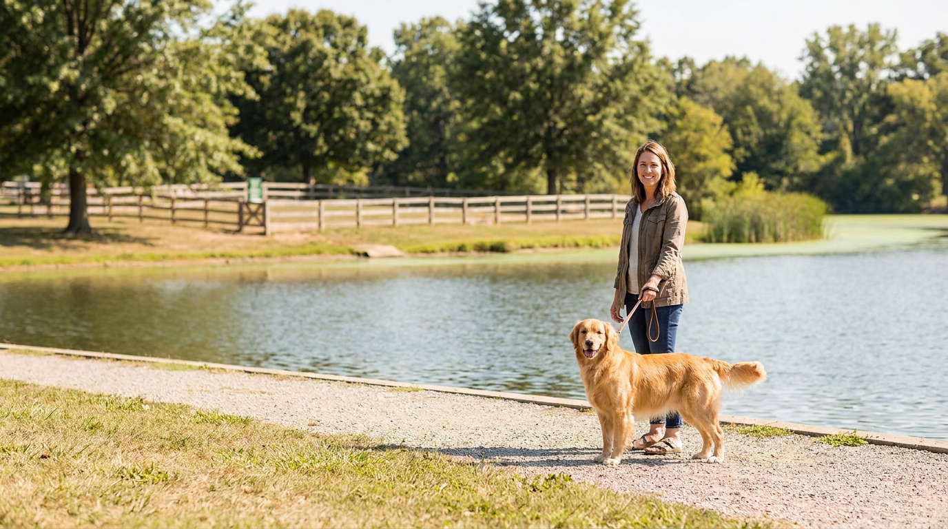 Dog and owner staying away from blue-green algae near dog park water