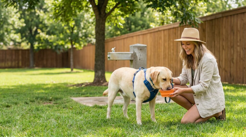 Dog drinking fresh water from a personal bowl at a dog park