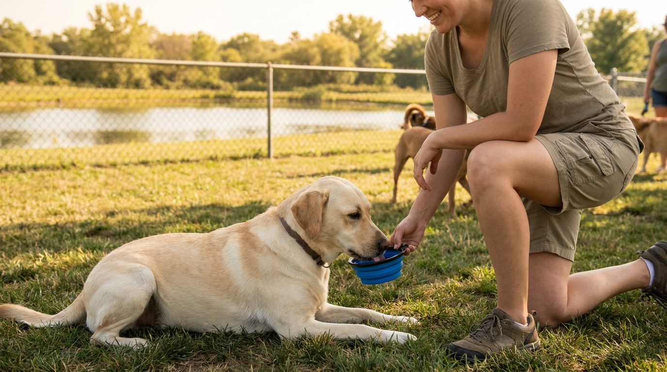 Dog drinking fresh water from a portable bowl at a dog park