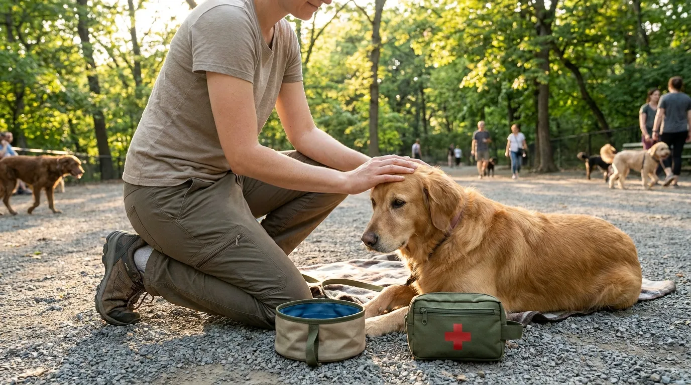 Dog owner checking a dog beside water and a pet first aid kit at a dog park