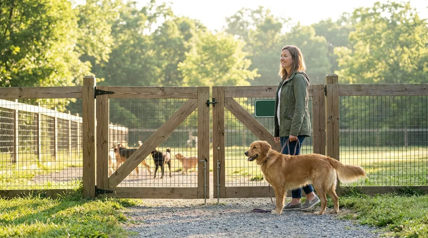 Dog owner checking a double-gated dog park entrance before entering
