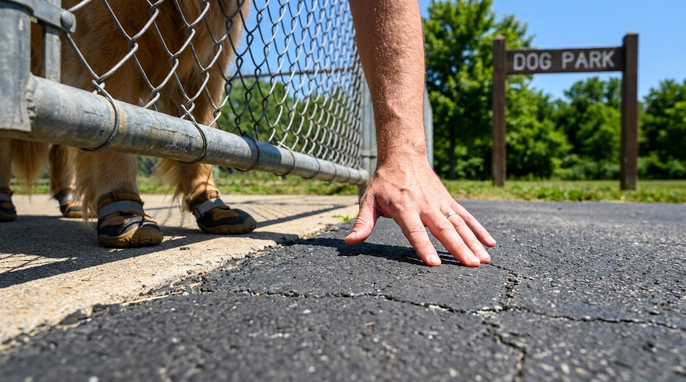 Dog owner checking hot pavement before walking into a dog park