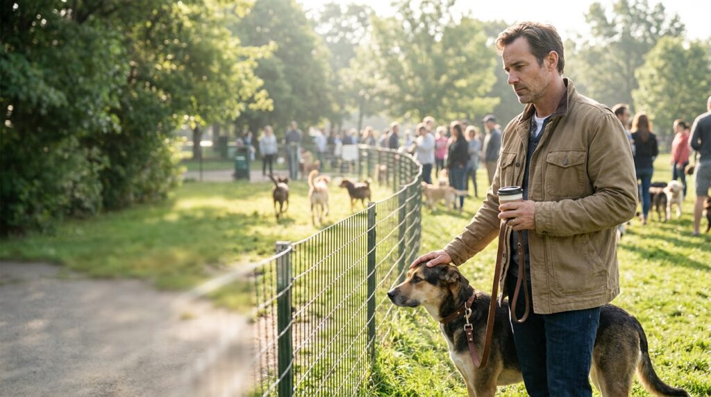 Dog owner deciding whether a busy dog park is right for their dog