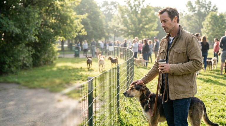 Dog owner deciding whether a busy dog park is right for their dog