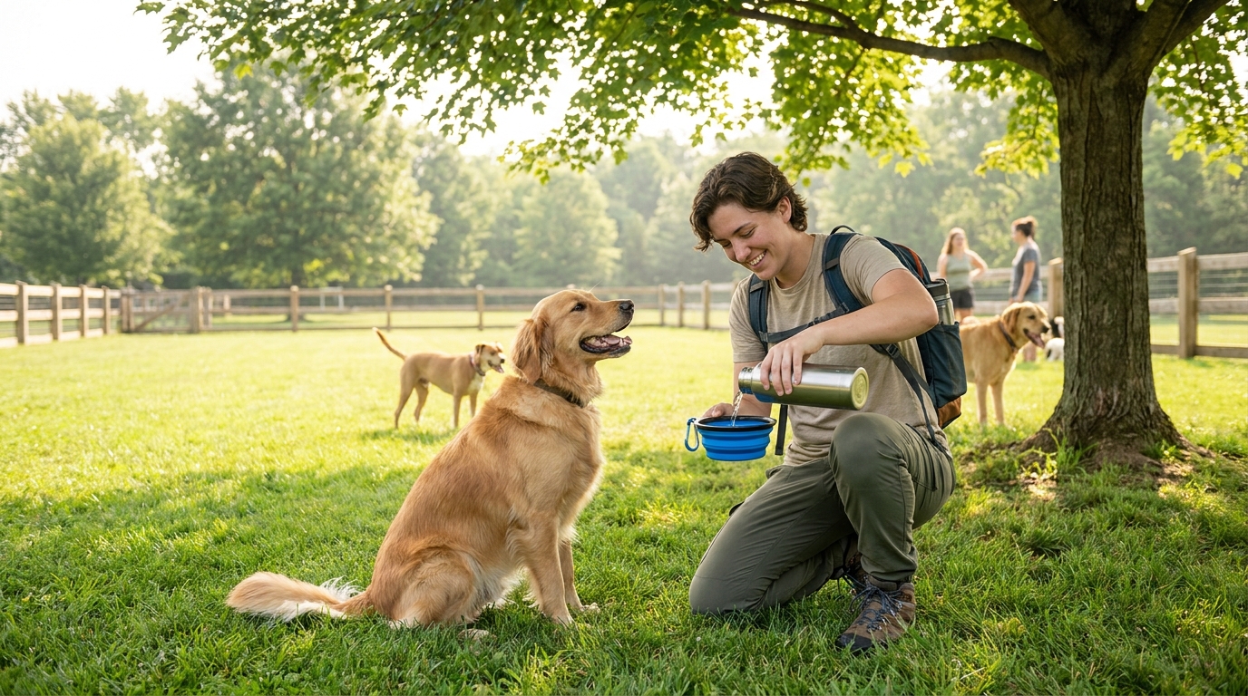 Dog owner filling a portable water bowl with fresh water at a dog park