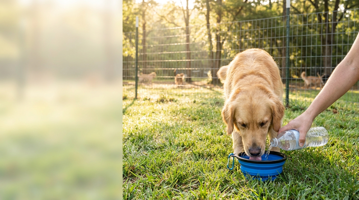 Dog owner giving fresh water to a golden retriever at a shaded dog park on a hot day