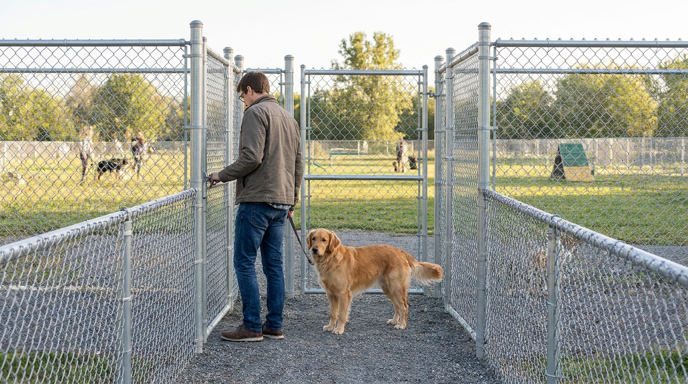 Dog owner using a double-gated dog park entrance safely