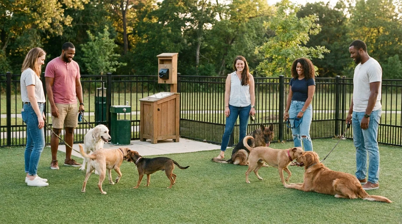 Dog owners supervising calm play in a clean fenced dog park
