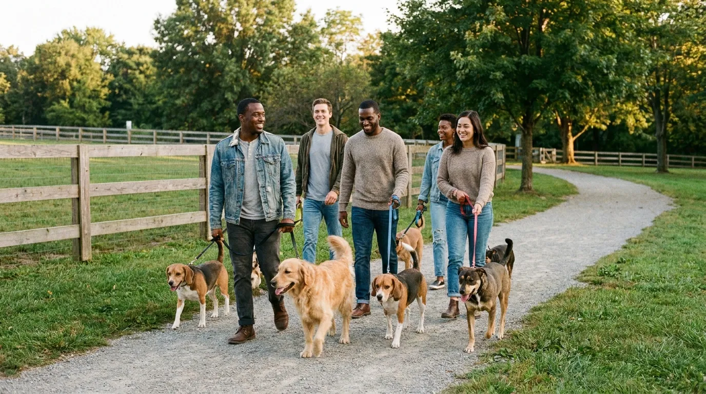 Dog owners walking their dogs near a clean fenced community dog park
