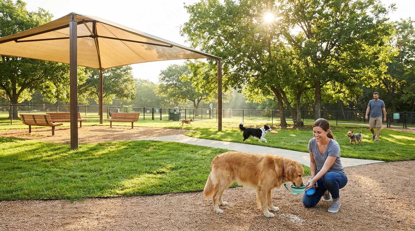 Dog park with shade, water, accessible paths and separate fenced play areas