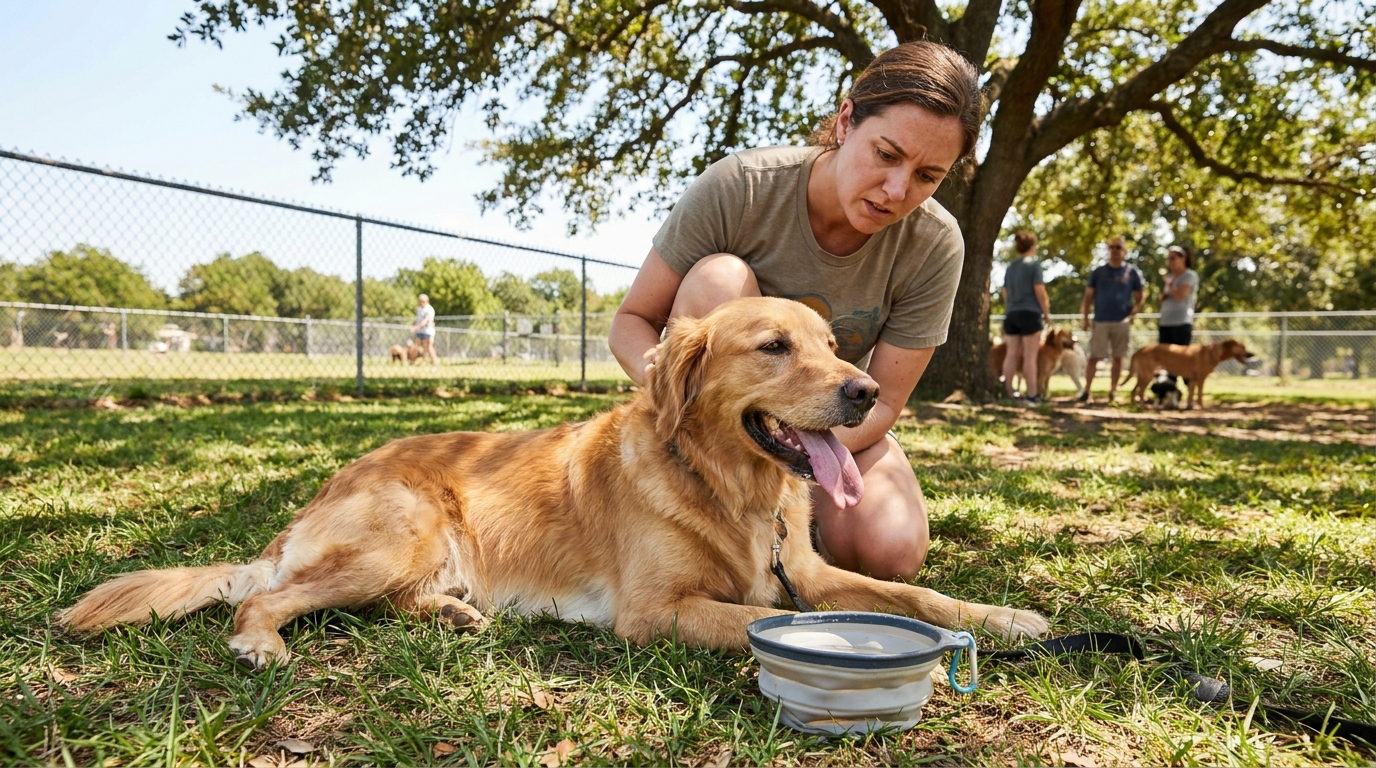 Dog resting in the shade with water during a warm dog park visit