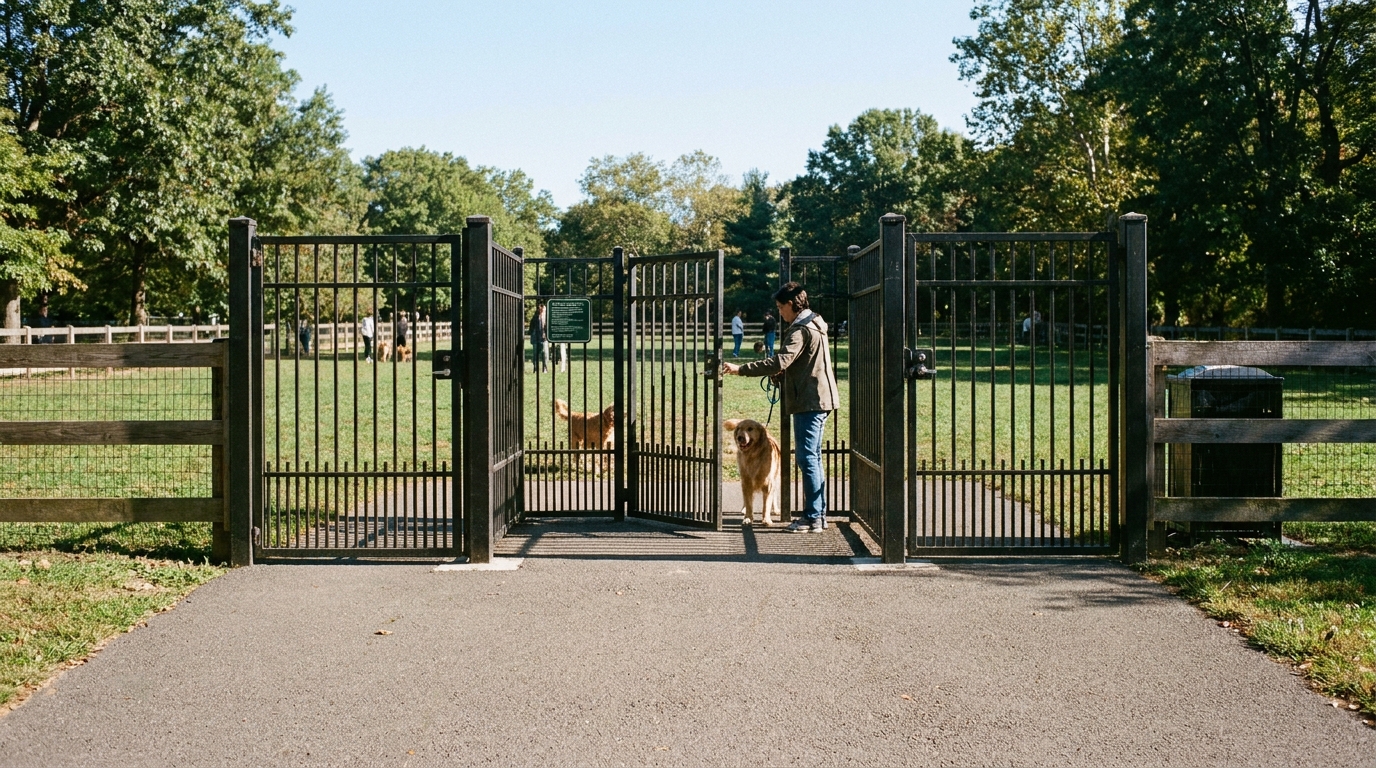 Double-gated entrance vestibule at a fenced dog park