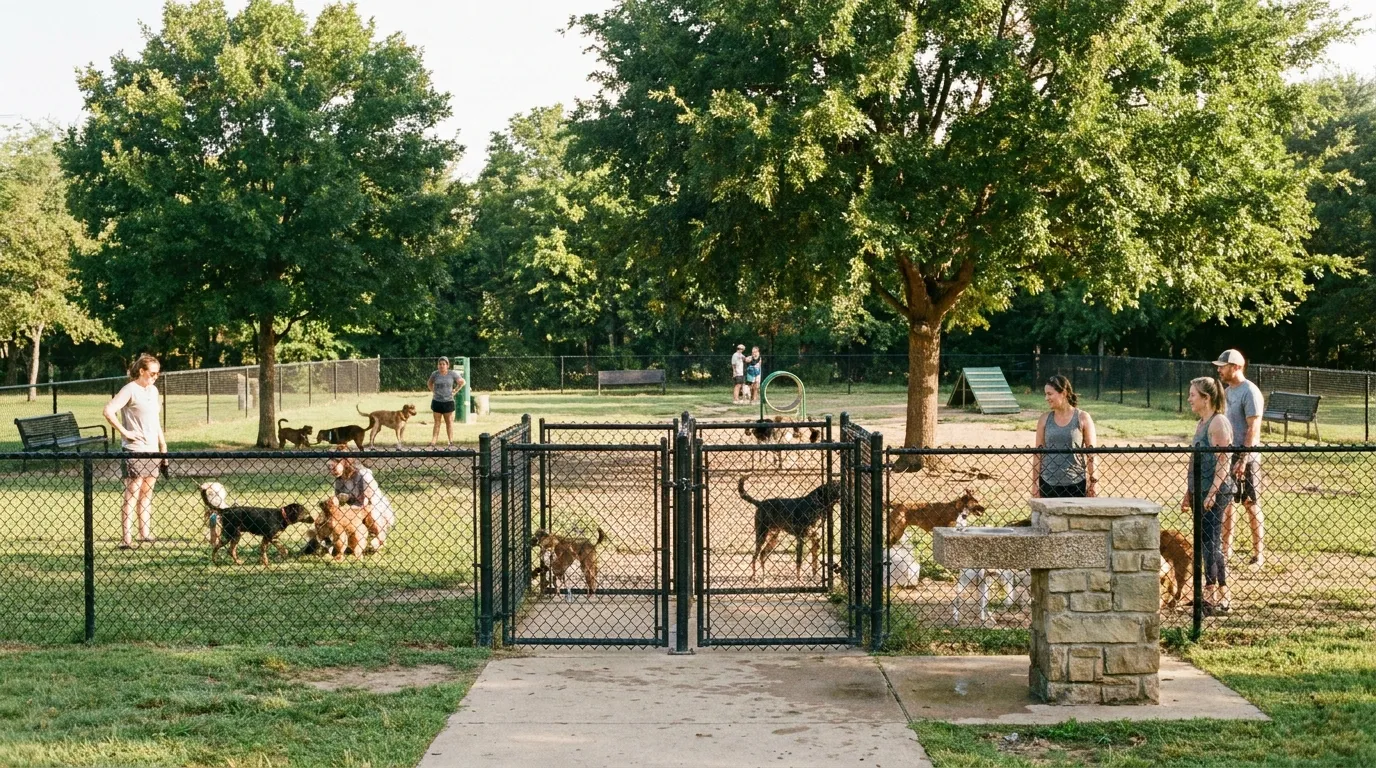 Fenced community dog park with shade, water and separate play areas