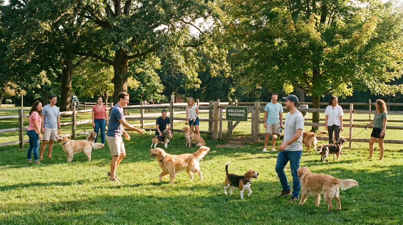 Happy dogs and owners enjoying a fenced community dog park.