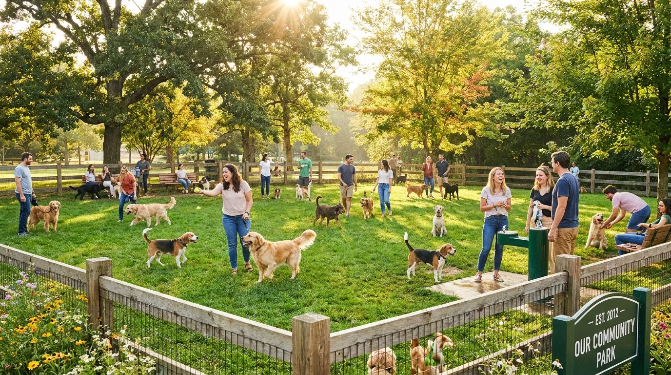 Happy dogs and owners enjoying a fenced community dog park.