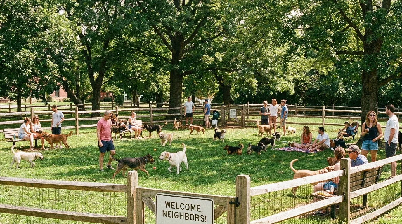 Happy dogs and owners enjoying a fenced community dog park