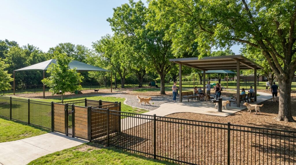 Modern safe dog park with double gates, fencing, shade and separate play areas