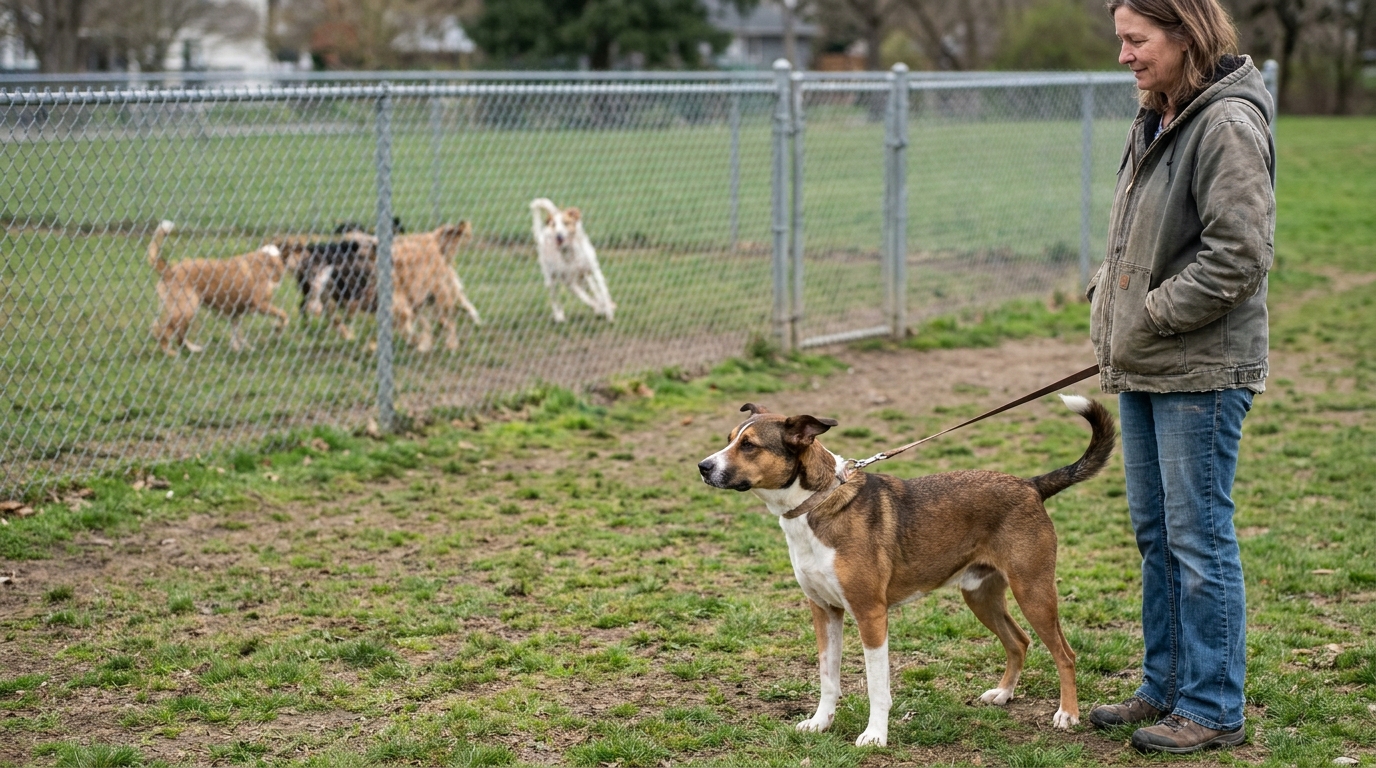Nervous dog staying close to its owner outside a busy dog park