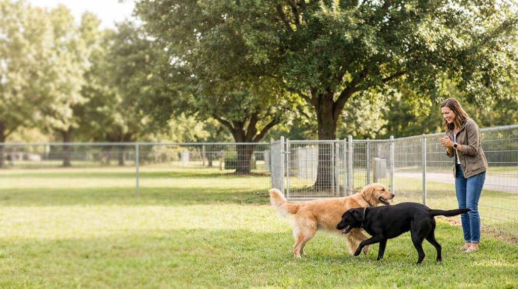 Responsible dog owner supervising friendly dogs playing at a fenced dog park