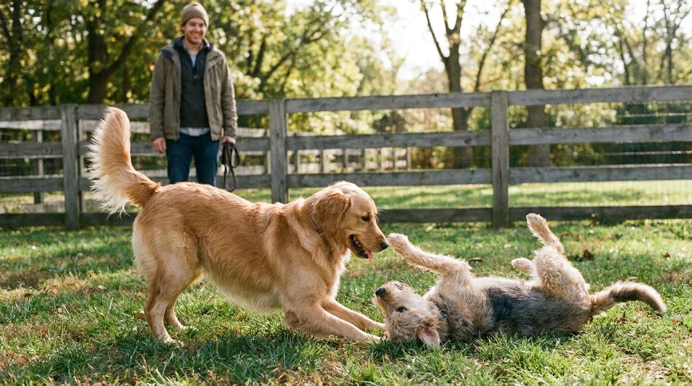 Two dogs showing relaxed reciprocal play at a fenced dog park